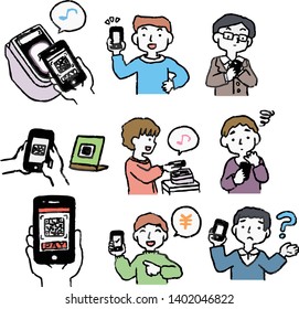 This is an Analog-style illustration of man using smartphone payment.