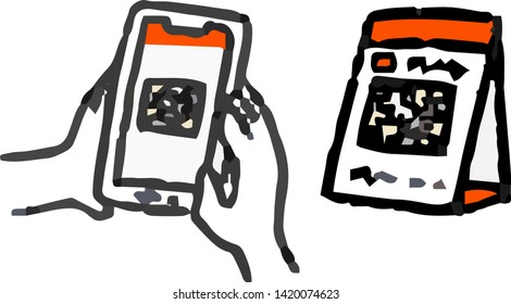 This is an Analog-style illustration of woman using smartphone payment.