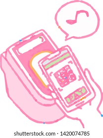 This is an Analog-style illustration of woman using smartphone payment.