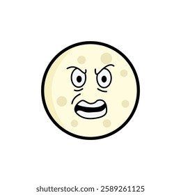 This Anger moon clipart features a round, cartoon-style lunar face with expressive. The moon has a soft yellowish hue with crater-like spots.