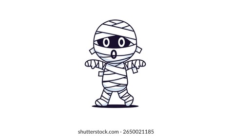 This animated mummy character moves forward with wide open arms and a surprised expression