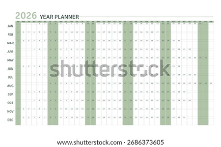 This annual calendar displays all 12 months from January to December in a simple, horizontal landscape grid. minimalist 2026 year planner template, annual wall planner vector, wall chart, desk planner