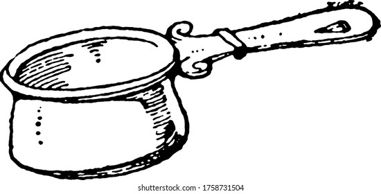Esta vasija antigua es un plato manipulado que se utiliza para cocinar una pequeña cantidad de algo, dibujo vintage o ilustración de grabado.