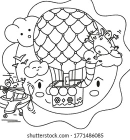 This is an anti-stress image for coloring with a story. Children's contour illustration with ballooning mice, a balloon, an airplane, clouds and the sun. Meeting in the air.