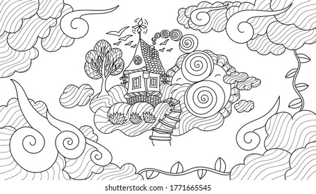 This is an anti-stress image for coloring with a story. Children's contour illustration with a house, a tree, a rope ladder, leaves, clouds and the sun. The cloud house.