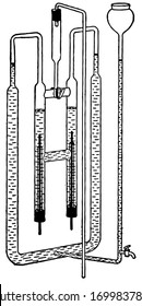 This apparatus allows chemists to mix chemicals and observe the gases that come out of the mixtures, vintage line drawing or engraving illustration.