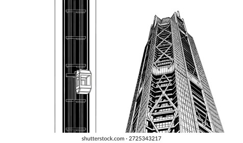This architectural illustration emphasizes the striking contrast between the modern external elevator system and the towering skyscraper. The monochromatic design highlights the geometric precision