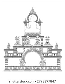 This architectural line drawing represents a contemporary Thai Buddhist pedestal design (Than Phra Phuttha Rup). It harmoniously integrates ancient structural elements with modernized formatting and layout rules.
Here is a comprehensive explanation of its design features, architectural elements, and symbolic meanings in English:
