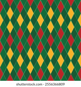 This is an argyle-inspired geometric pattern consisting of alternating diamond shapes in red, green, and yellow