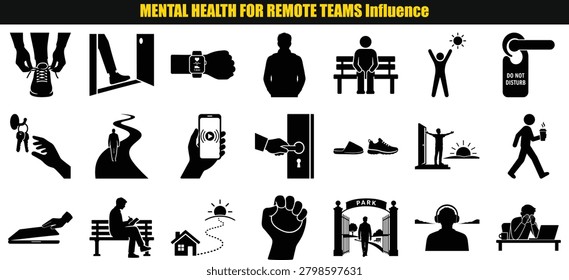This arrangement features a collection of stylized human figures and objects. The images represent concepts related to wellness remote work and maintaining balance. The monochrome style emphasizes simplicity and clarity.