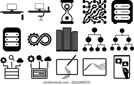 This arrangement features digital interface elements including a computer workstation hourglass data visualizations and storage representations. The style is minimal and functional.