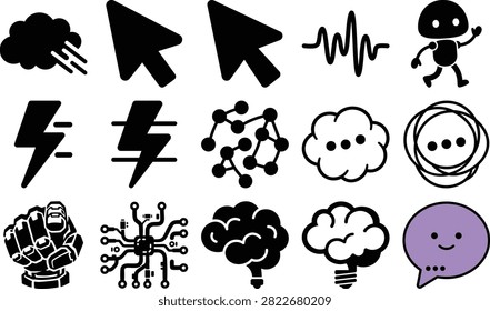 This arrangement features various digital interface elements including a cloud cursor lightning bolt and brain shapes in a simplified style.