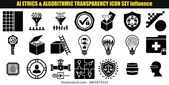 This arrangement showcases various pictograms representing algorithmic ethics including concepts of influence security and societal impact in a uniform style.