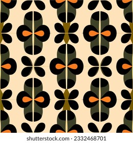 This art nouveau pattern exhibits a captivating black and orange design on a white background. The repeating fabric pattern adds to its charm, making it reminiscent of art deco aesthetics.