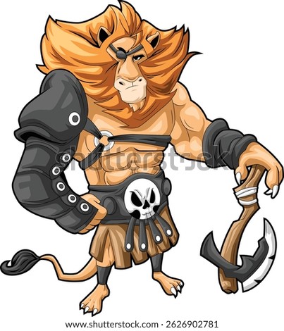 this is an art viking lion pose brave and he standing lean with a classic ax