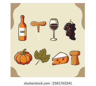 This artistic collection features a beautifully designed set of wine and cheese icons, complemented by charming pumpkin illustrations