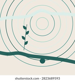 This artistic composition features a delicate slender plant stem traversing through soft abstract circular shapes. The design creates a harmonious balance between organic nature and geometric abstraction.