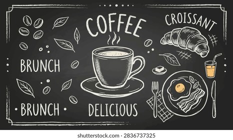This artistic composition features a detailed chalk drawing on a dark textured background, showcasing a variety of morning meal items. Central to the design is a steaming cup of hot beverage, surrounded by sketches of a flaky pastry, a plate with eggs and bacon and scattered coffee beans. The overall aesthetic is rustic and inviting, utilizing white lines to create a classic cafe menu board appearance