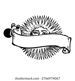 This artistic depiction features a sun with a face that appears to be peacefully sleeping or resting, surrounded by rays. The sun has a banner attached to it, which is decorated with ornate designs, adding a playful and imaginative touch to the drawing.