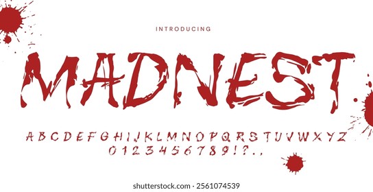 This artistic display features a unique font design named Madnest. It showcases stylized uppercase letters and numbers with a dramatic bold appearance against a light background.