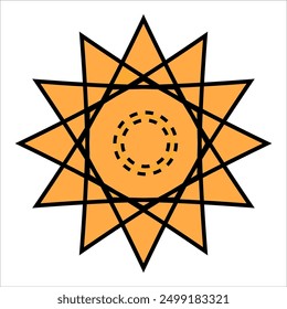 This is an artistic drawing featuring a sun that has a prominent circle positioned in the very center of its design