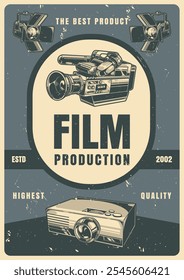 This artistic graphic features a vintage camera and projector emphasizing the essence of film production. The design uses retro elements to convey quality and craftsmanship.