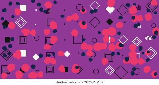 This artistic illustration features a deep purple background layered with pink organic blobs and dark geometric squares. The contrast between the soft rounded shapes and the sharp hard edges creates a visually compelling design suitable for modern marketing materials and creative digital projects.