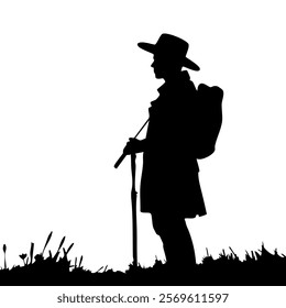 This artistic illustration features the silhouette of a person standing outdoors, wearing a wide-brimmed hat and a coat, and carrying a backpack.