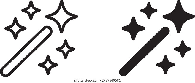 This artistic illustration features two magic wands, one outlined and one solid, each surrounded by shimmering sparkles, symbolizing wonder and transformation.