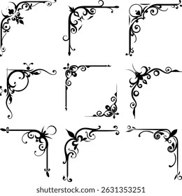 This artistic image features nine unique corner ornaments, each intricately crafted with floral and swirling patterns, creating a decorative collection perfect for embellishments.