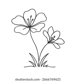 Dieses künstlerische Bild zeigt zwei minimale Blumensymbole mit einem einfachen Linienart-Stil. Die Pflanze hat ein Paar Blumen mit Stängeln und Blättern, alle in schwarzem Umriss.