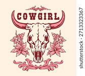 This artistic representation features a cow skull adorned with flowers capturing the essence of Americana and Western culture. The design beautifully blends natural elements with bold typography.