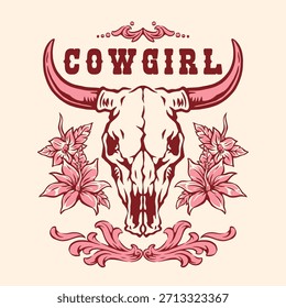 Esta representación artística presenta un cráneo de vaca adornado con flores que capturan la esencia de la cultura americana y occidental. El diseño combina a la perfección los Elementos naturales con una tipografía atrevida.