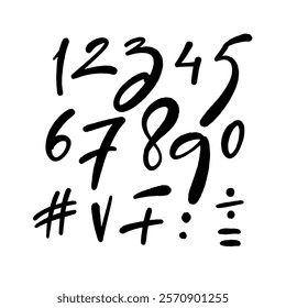 This is an artistic representation, featuring various numbers and symbols drawn in bold black ink on a white background