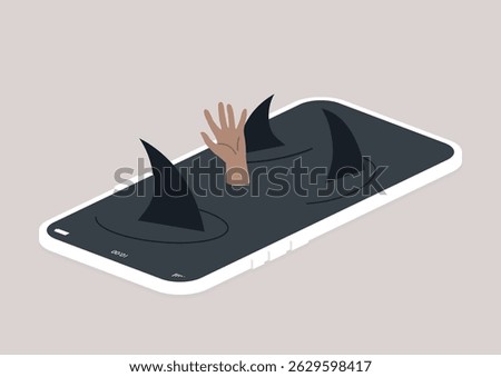 In this artistic representation, a hand emerges from a smartphone screen while shark fins loom ominously, symbolizing the challenges of navigating digital interactions in modern world