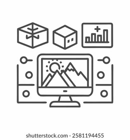 This artistic representation showcases a computer display featuring mountain landscapes alongside various data visualization elements. Ideal for design enthusiasts and digital artists.