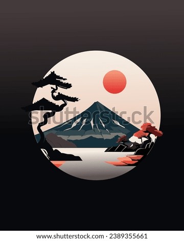 This Artwork beautifully blends the serene ladscapes of Japan with the simplicity of flat design