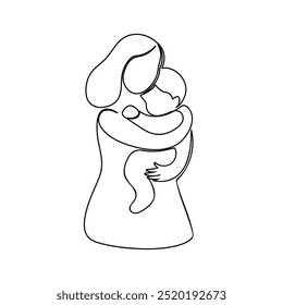 this artwork is a continuous line drawing depicting a tender moment between a mother and her child. The simplicity of the single,unbroken line captures the emotional connection and warmth of their emb