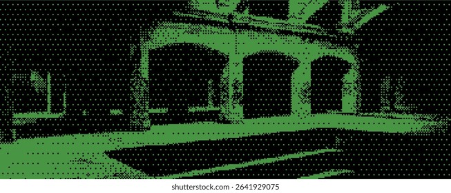 This artwork depicts an industrial location featuring distinct arches, surrounded by stylized greenery. The design employs a unique pixel art style, creating a vibrant atmosphere. Bitmap y2k zine bg. 