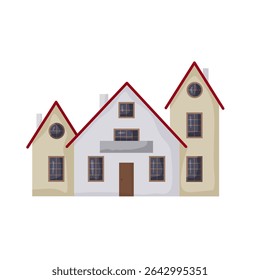 This artwork depicts a modern house with three distinct sections, featuring sloped roofs, charming windows, and a welcoming entrance. Ideal for architectural inspiration or home design ideas.
