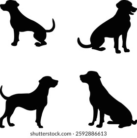 This artwork is digitally enhanced using AI and manually edited for quality. Set of dog silhouette.A collection of black dog silhouettes featuring various breeds and poses. 