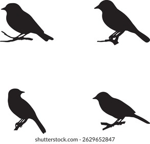 This artwork is digitally enhanced using AI and manually edited for quality. A set of four bird silhouettes perched on tree branches.