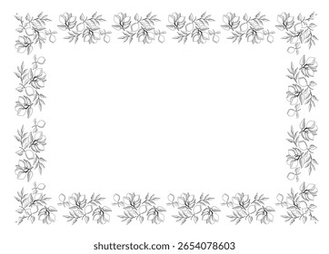 This artwork displays a beautifully crafted floral border consisting of intricate sketches of flowers and leaves. The design is perfect for enhancing invitations or decorative stationery.