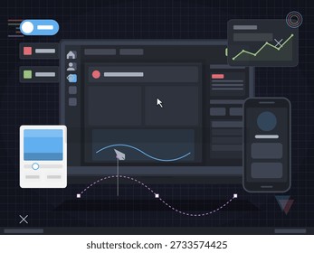 Esta ilustración muestra una interfaz de usuario digital con gráficos, controles y gráficos. Varios dispositivos ilustran las interacciones y el análisis de datos en un diseño moderno.