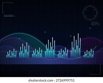 Dieses Kunstwerk zeigt eine dynamische Datenvisualisierung mit farbenfrohen Grafiken und digitalen Elementen auf dunklem Hintergrund. Die Visuals legen statistische Trends und Analysen nahe.