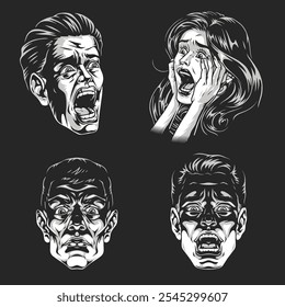 This artwork displays four distinct human faces showing intense emotions of fear and shock each characterized by wide eyes and open mouths conveying panic and horror.