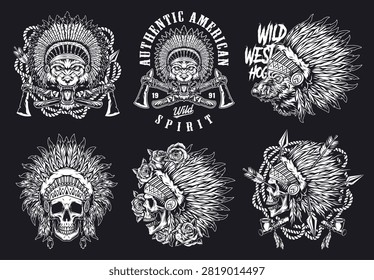 This artwork displays six different tribal designs featuring skulls feathers and tribal patterns. The style reflects elements of tribal culture and Western themes.