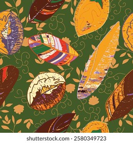 This artwork displays a vibrant autumn leaf pattern with intricate designs on a rich green background