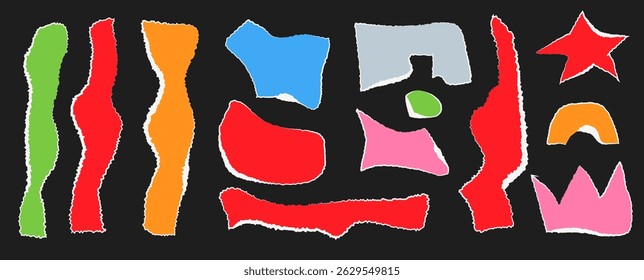 This artwork features an arrangement of torn paper pieces in various shapes and bright colors. The design emphasizes cultural themes through its abstract composition, inviting interpretation.