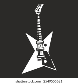 Esta obra de arte presenta un gráfico en blanco y negro de una guitarra eléctrica posicionada en un diseño llamativo sobre un fondo oscuro que muestra creatividad e inspiración musical.